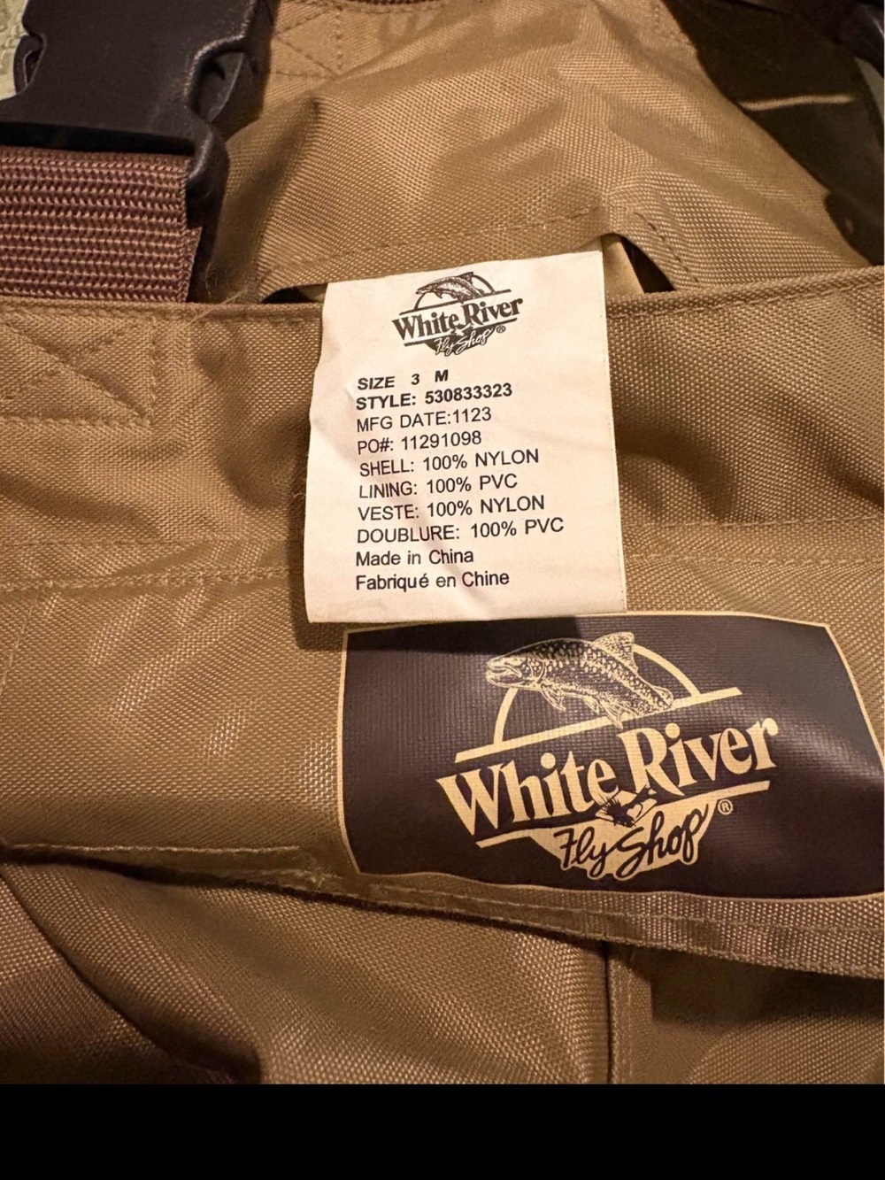 White River Fly Shop Olive Brown Fishing Waders - Size 3M
